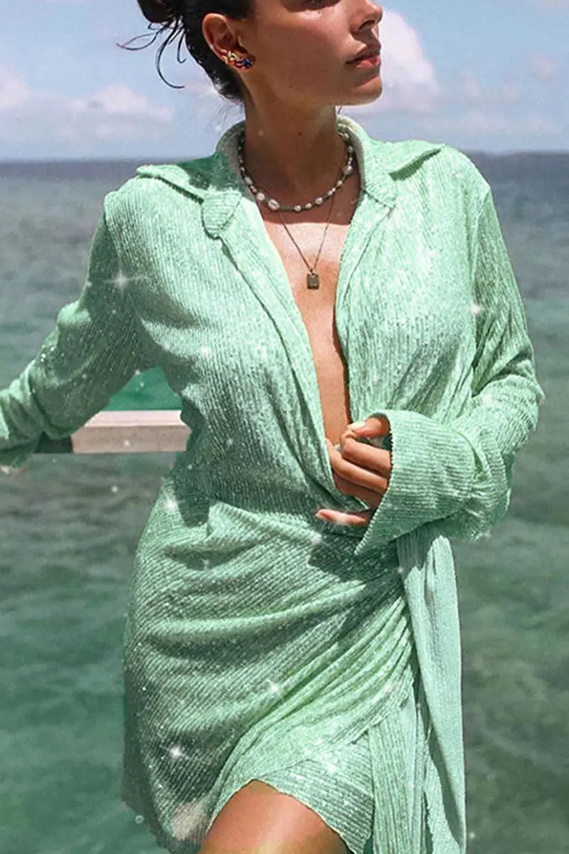 Seeing The Stars Sequin Wrap Mini Dress - Fashionpara