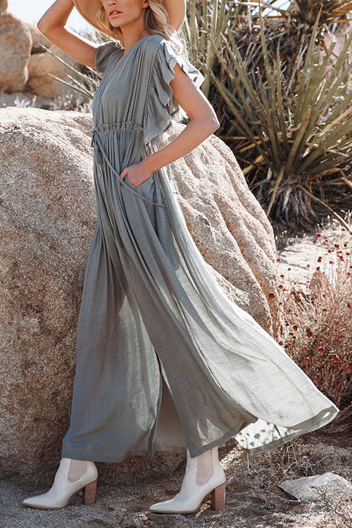 Button Drawstring Waist Bat Maxi Cover Dress Fashionpara