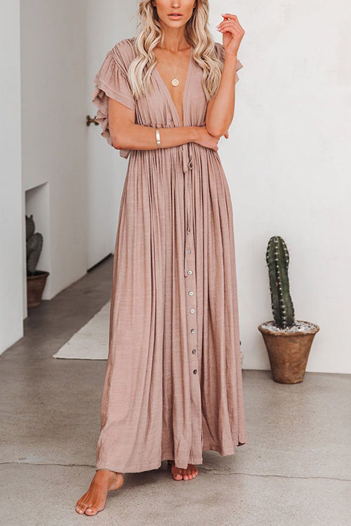 Button Drawstring Waist Bat Maxi Cover Dress Fashionpara