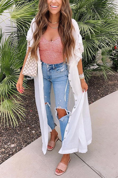 Button Drawstring Waist Bat Maxi Cover Dress - Fashionpara