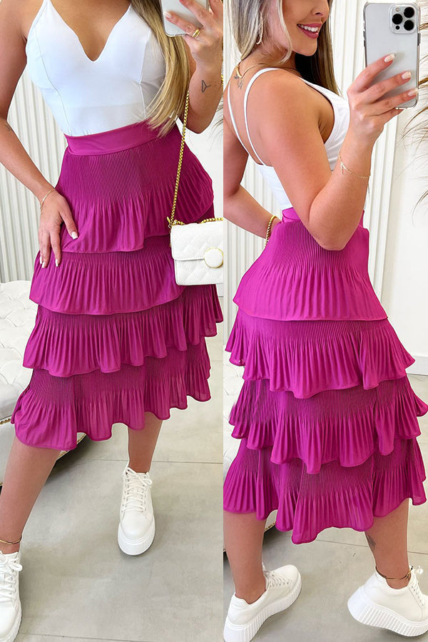 Pleated Tiered Midi Skirt - Fashionpara