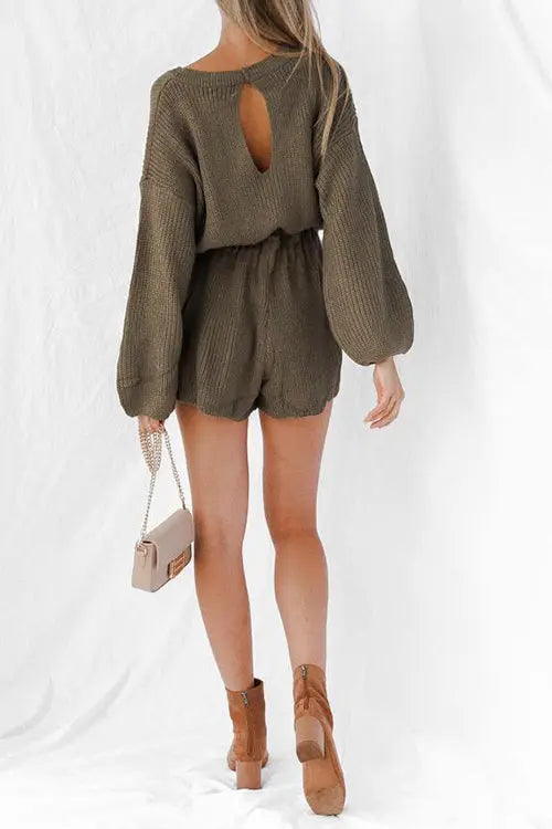 O Neck Puff Long Drawstring Sweater Romper - Fashionpara