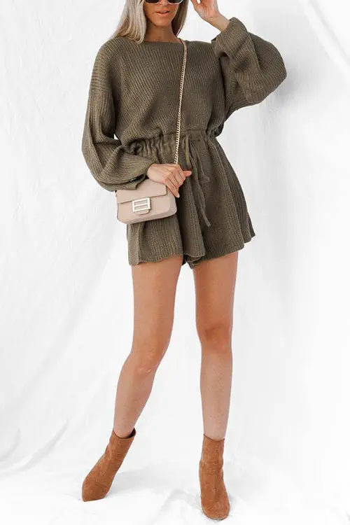 O Neck Puff Long Drawstring Sweater Romper - Fashionpara