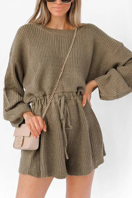 O Neck Puff Long Drawstring Sweater Romper  Fashionpara
