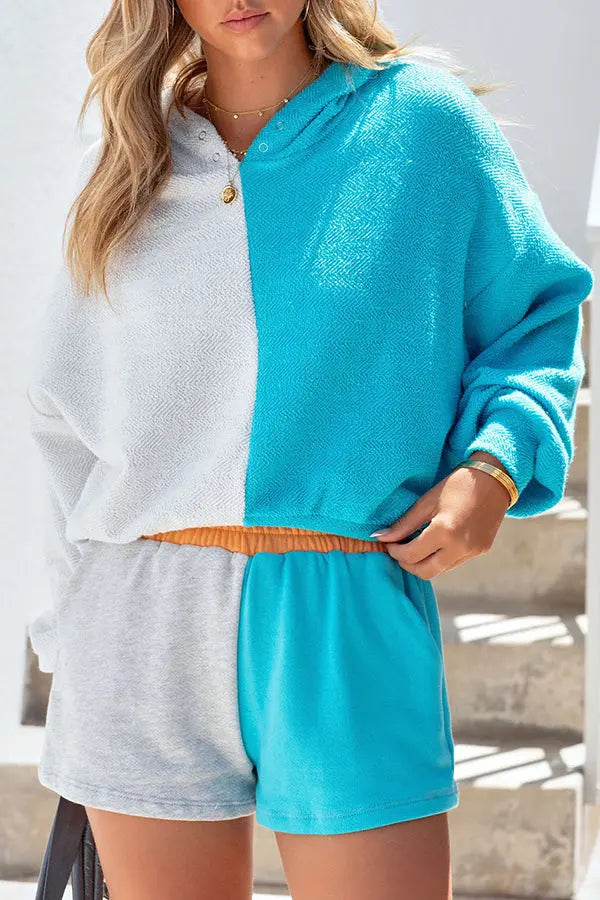 Seasons Change Color Block Hoodie Shorts Set - Fashionpara