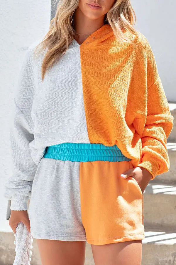 Seasons Change Color Block Hoodie Shorts Set - Fashionpara