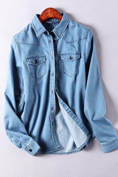 Turndown Collar Pocket Denim Shirt - Fashionpara