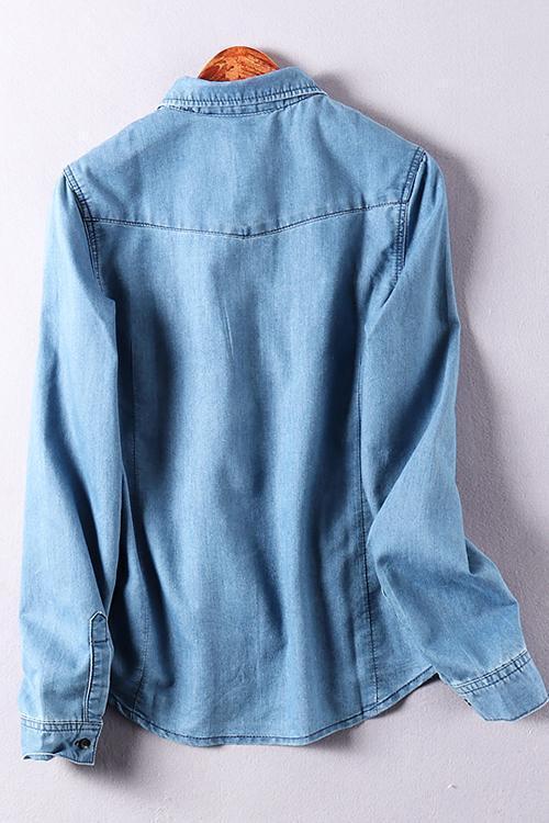 Turndown Collar Pocket Denim Shirt - Fashionpara