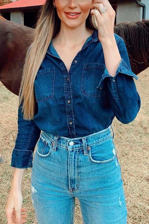 Turndown Collar Pocket Denim Shirt - Fashionpara