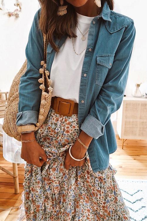 Turndown Collar Pocket Denim Shirt - Fashionpara