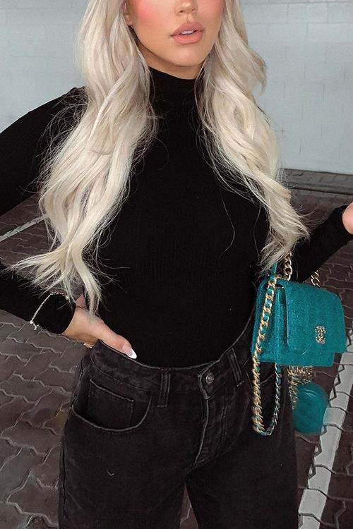 High Collar Knit Long Sleeve T Shirt - Fashionpara