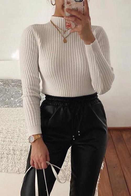 Turtleneck Knit Slim T Shirt - Fashionpara