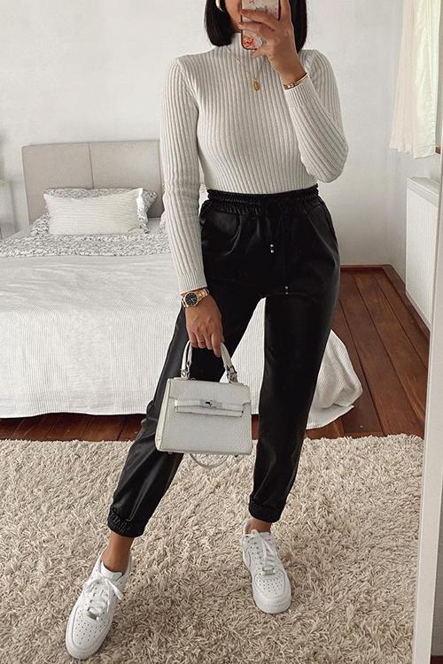 Turtleneck Knit Slim T Shirt - Fashionpara