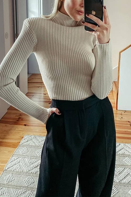 Turtleneck Knit Slim T Shirt - Fashionpara