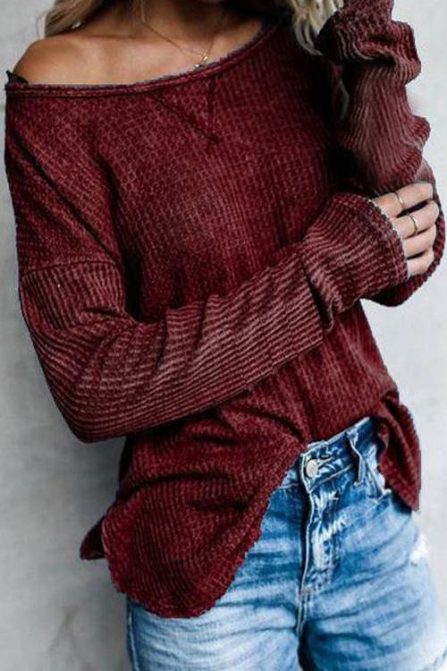 Dew Shoulder Waffle Long Sleeve T Shirt - Fashionpara