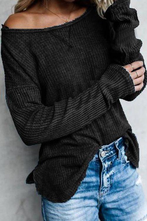 Dew Shoulder Waffle Long Sleeve T Shirt - Fashionpara