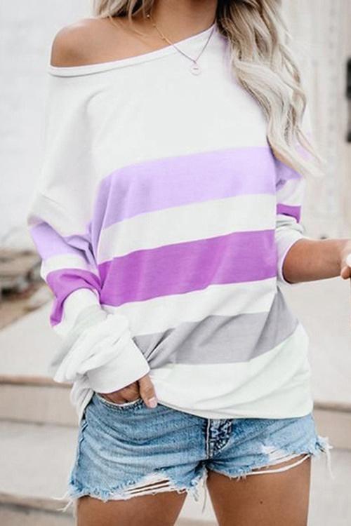 Dew Shoulder Stripe Long Sleeve T Shirt - Fashionpara