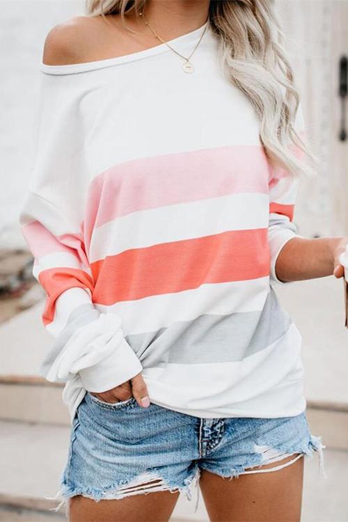 Dew Shoulder Stripe Long Sleeve T Shirt - Fashionpara