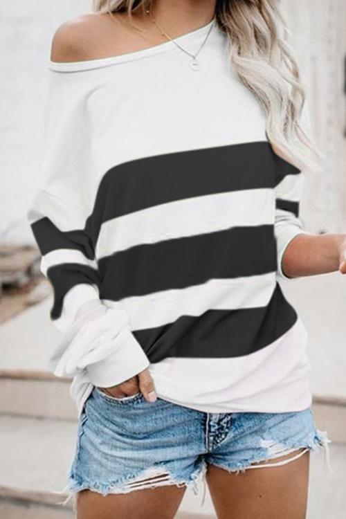 Dew Shoulder Stripe Long Sleeve T Shirt - Fashionpara