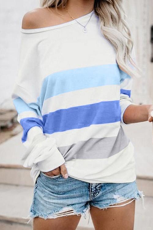 Dew Shoulder Stripe Long Sleeve T Shirt - Fashionpara