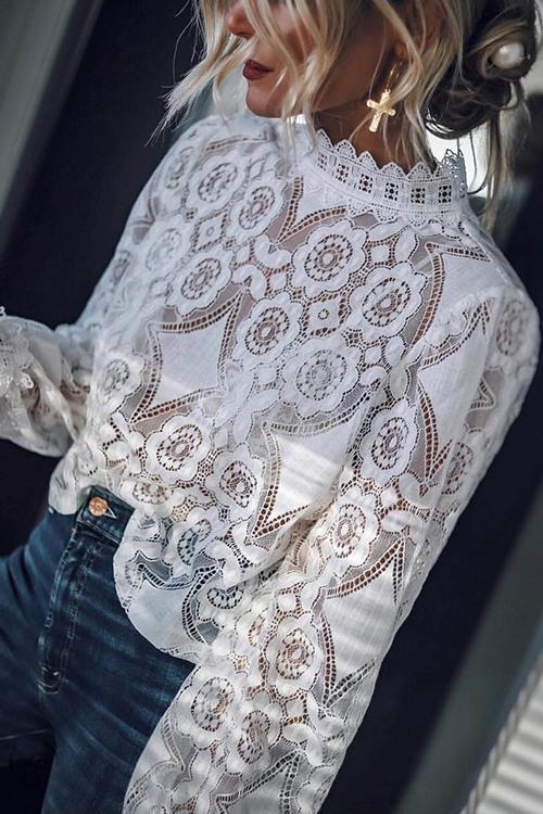 Lace Hollow Puff Sleeve T Shirt - Fashionpara