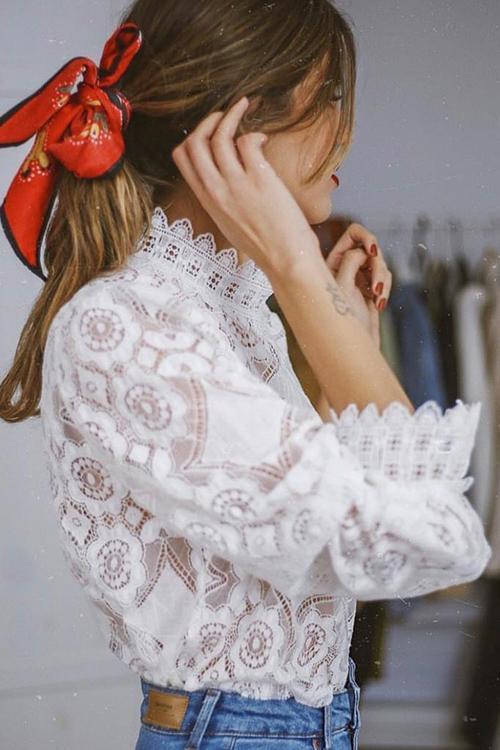 Lace Hollow Puff Sleeve T Shirt - Fashionpara