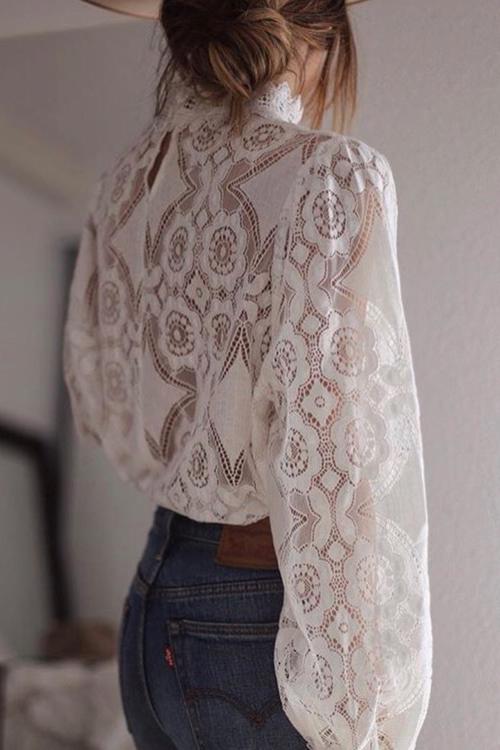Lace Hollow Puff Sleeve T Shirt - Fashionpara