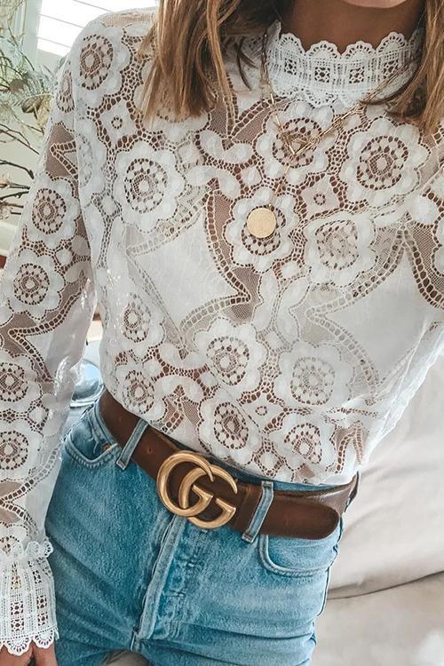 Lace Hollow Puff Sleeve T Shirt - Fashionpara