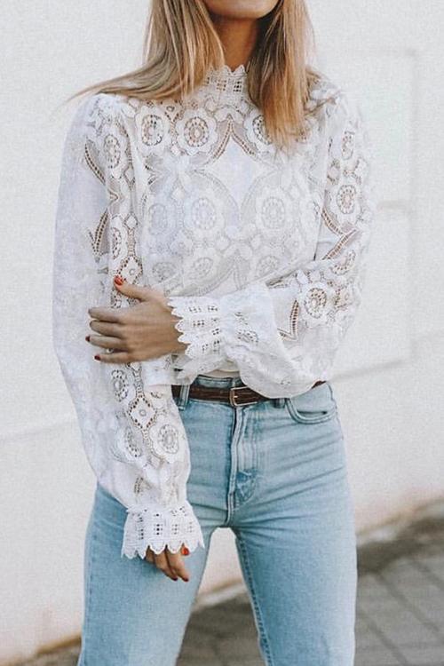 Lace Hollow Puff Sleeve T Shirt - Fashionpara