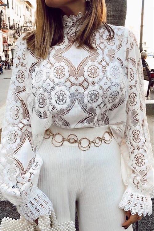 Lace Hollow Puff Sleeve T Shirt - Fashionpara