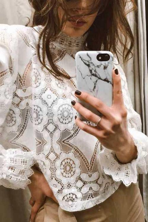 Lace Hollow Puff Sleeve T Shirt - Fashionpara