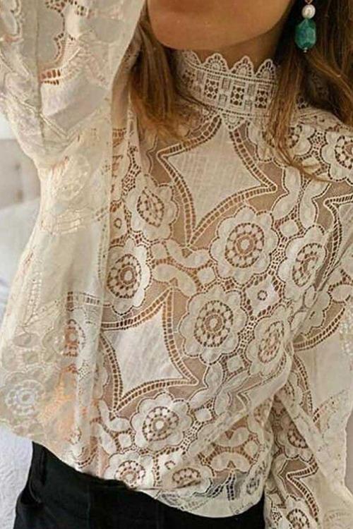 Lace Hollow Puff Sleeve T Shirt - Fashionpara