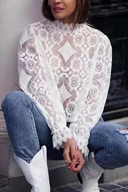 Lace Hollow Puff Sleeve T Shirt - Fashionpara
