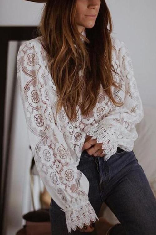 Lace Hollow Puff Sleeve T Shirt - Fashionpara