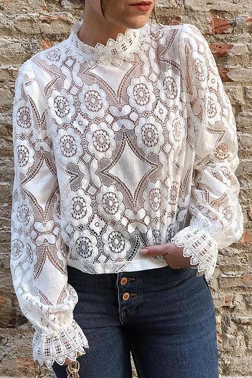 Lace Hollow Puff Sleeve T Shirt - Fashionpara