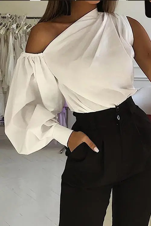 One Shoulder Puff Sleeve Blouse - Fashionpara