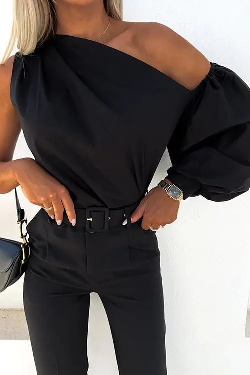 One Shoulder Puff Sleeve Blouse - Fashionpara