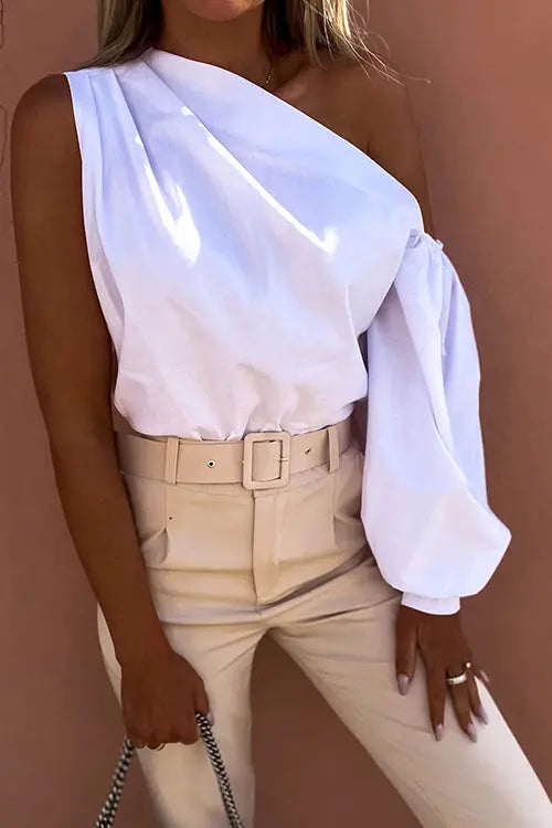 One Shoulder Puff Sleeve Blouse - Fashionpara