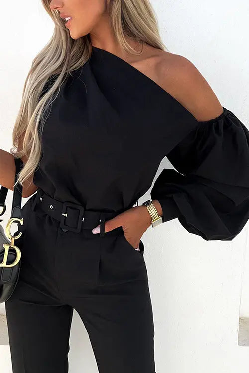 One Shoulder Puff Sleeve Blouse - Fashionpara