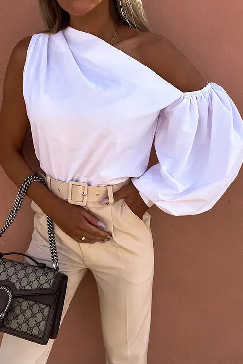 One Shoulder Puff Sleeve Blouse - Fashionpara