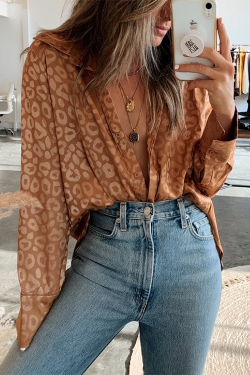 Button Leopard Long Sleeve Shirt - Fashionpara