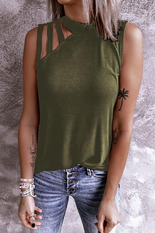 Hollow Neck Sleeveless T Shirt - Fashionpara