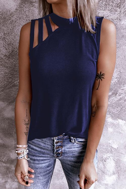 Hollow Neck Sleeveless T Shirt - Fashionpara