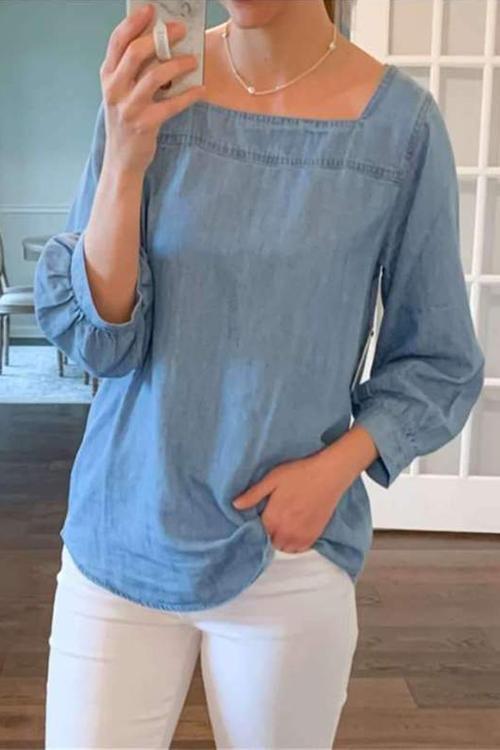 Square Neck Loose Denim Shirt - Fashionpara