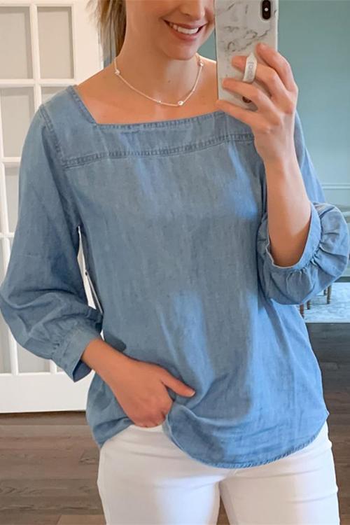 Square Neck Loose Denim Shirt - Fashionpara