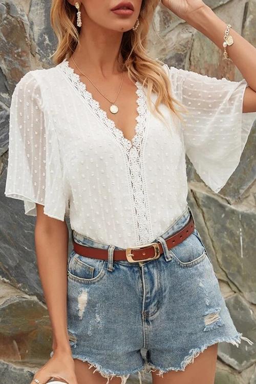 Lace V Neck Flares Short Sleeve Blouse - Fashionpara