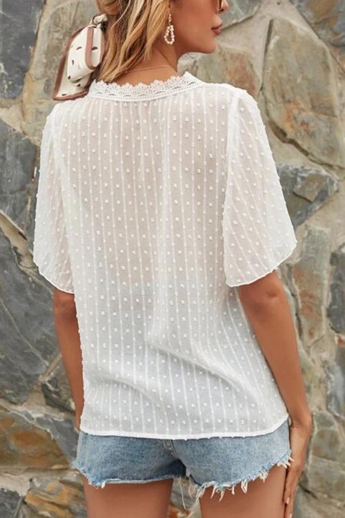 Lace V Neck Flares Short Sleeve Blouse - Fashionpara