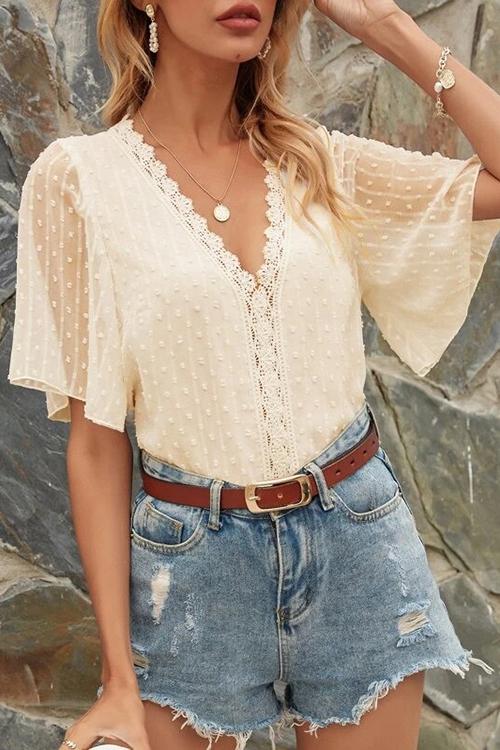 Lace V Neck Flares Short Sleeve Blouse - Fashionpara
