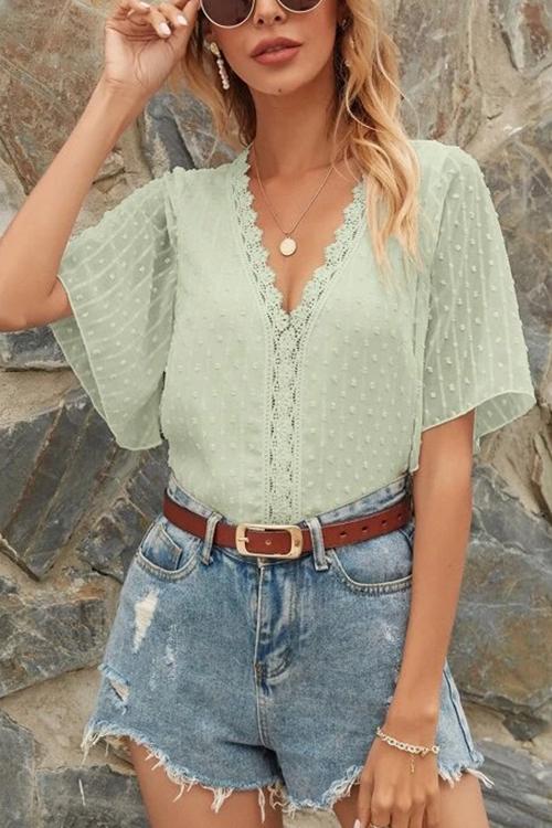 Lace V Neck Flares Short Sleeve Blouse - Fashionpara