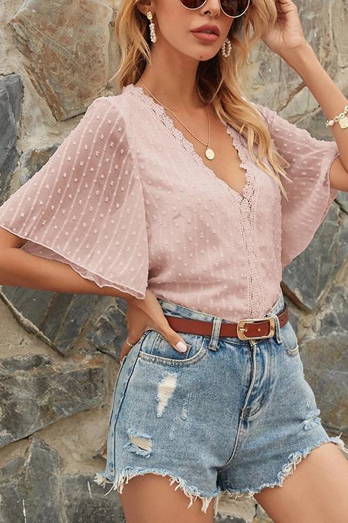 Lace V Neck Flares Short Sleeve Blouse - Fashionpara